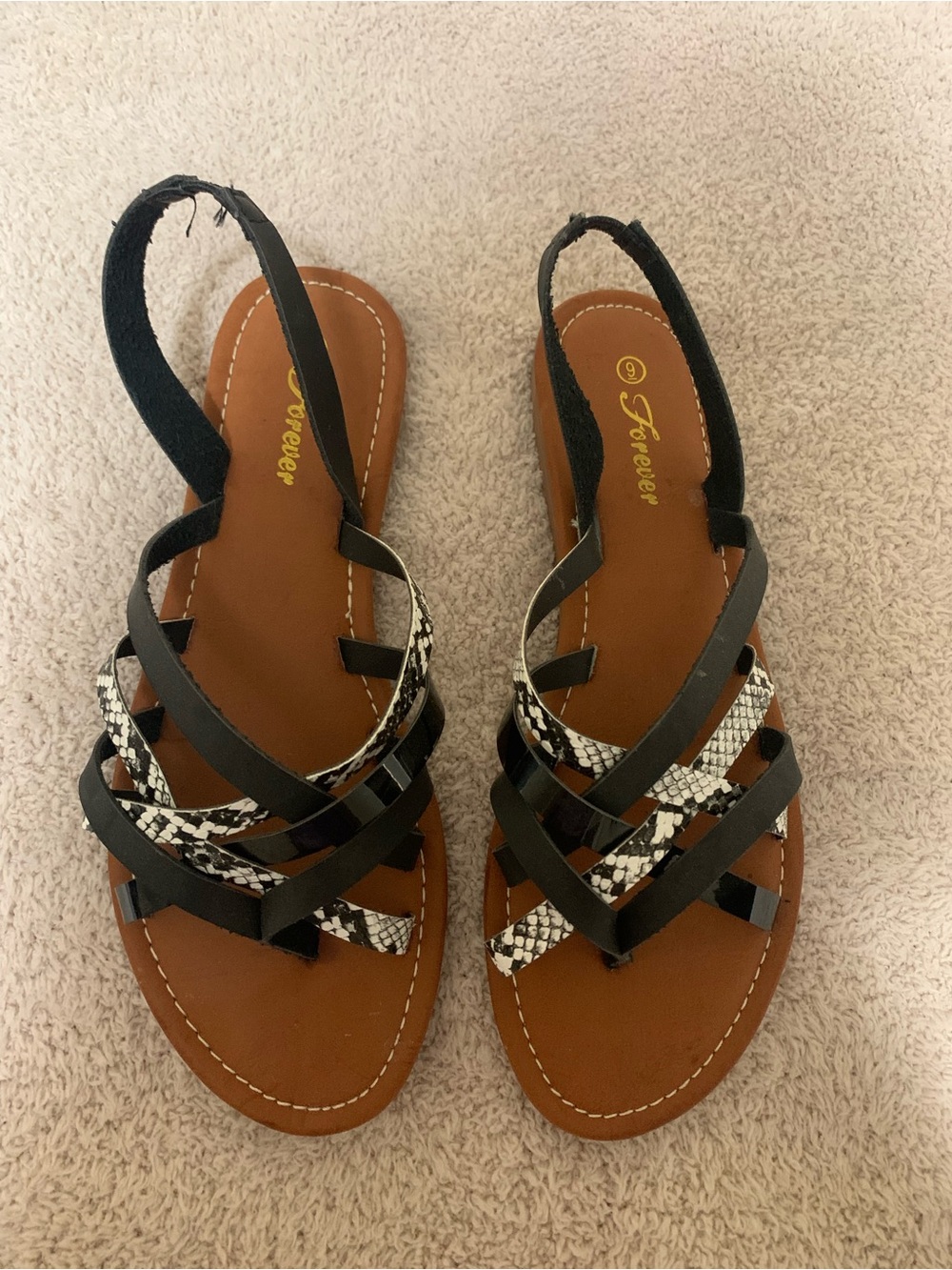 Forever New Black and Brown Snake-Print Strappy Sandals NWOT